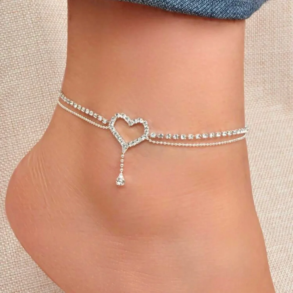 1pc Luxurious Heart Decor Double Layered Adjustable Rhinestone Anklet Women - Picture 1 of 3